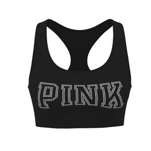 PINK Victoria's Secret Black Rhinestone Logo Racerback Sports Bra